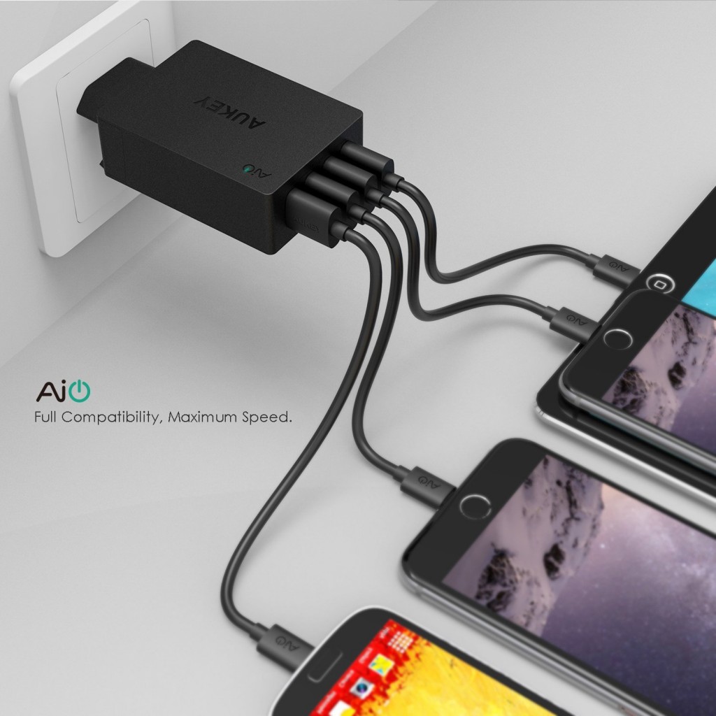 Aukey® Caricatore USB da muro portatile a 4 porte 